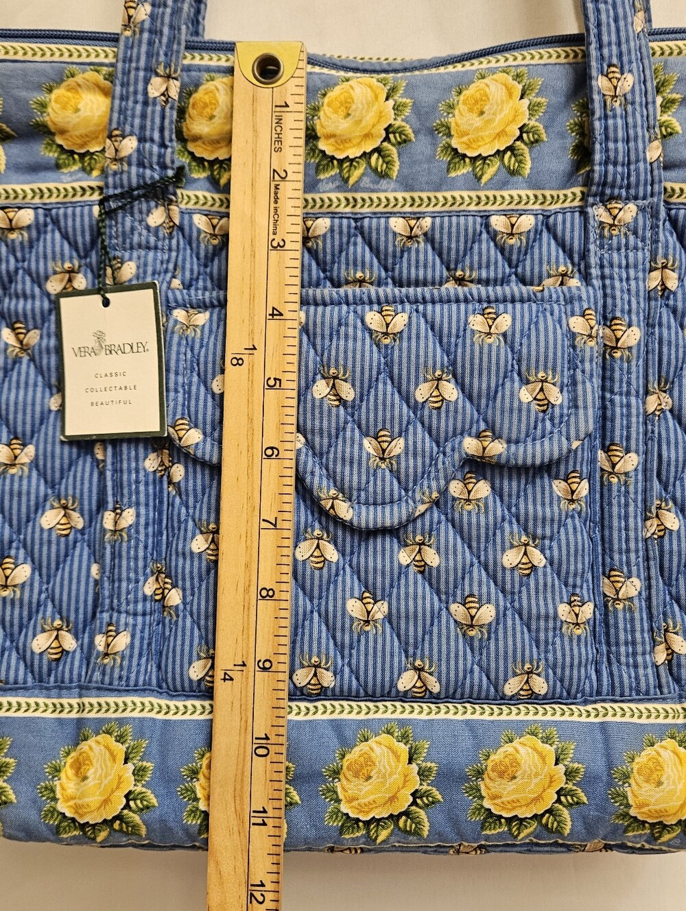 Vera Bradley Blue Bee Villager Quilted Floral Tote Bag with Yellow Rose Trim Vtg - Picture 5 of 16
